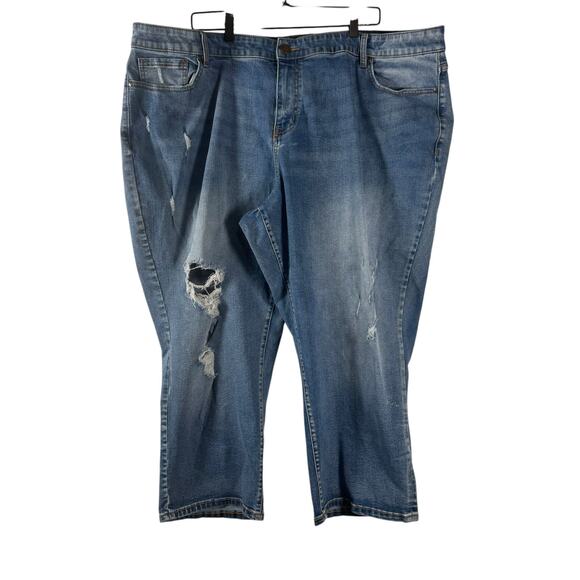 Lane Bryant Women Blue Stretch Distressed Mid Rise Capri Boyfriend Jeans Size 24 - Picture 1 of 10
